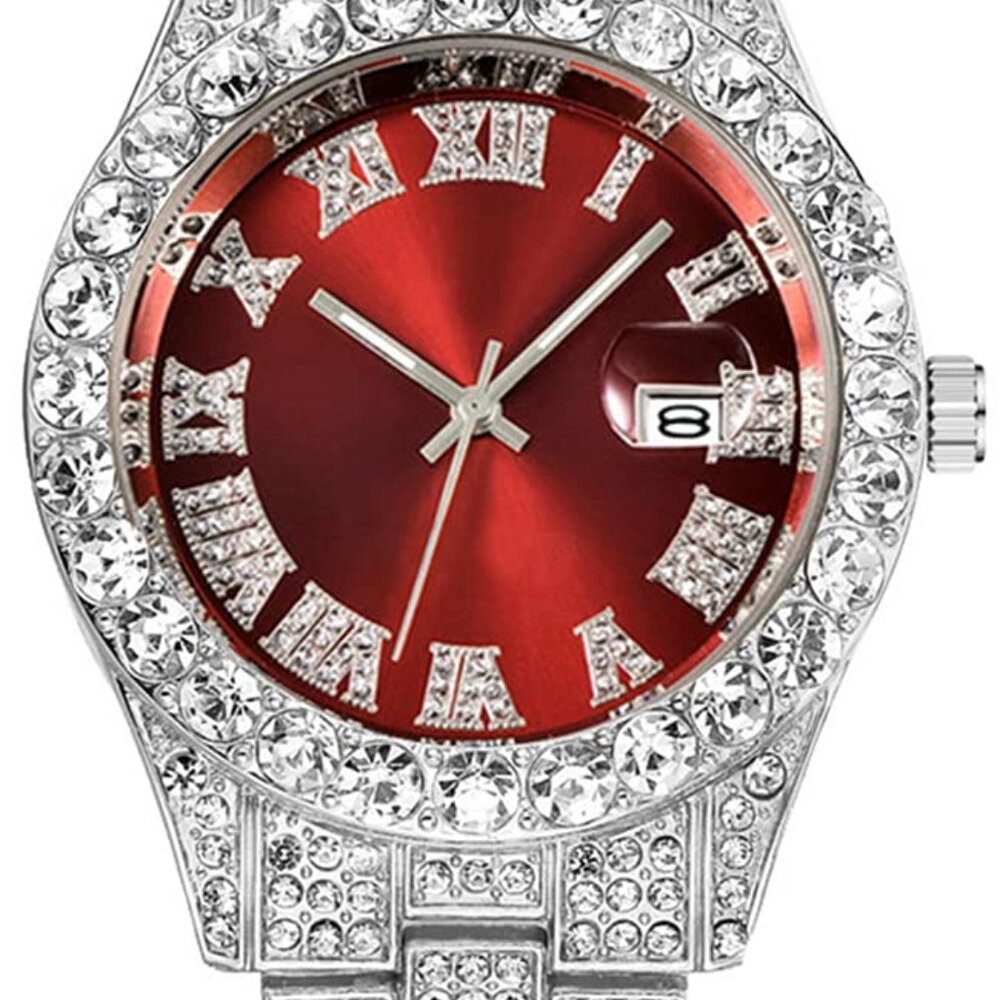 Men's Diamond Watch Crystal Rhinestone Quartz Analog Iced-Out Bracelet Wrist